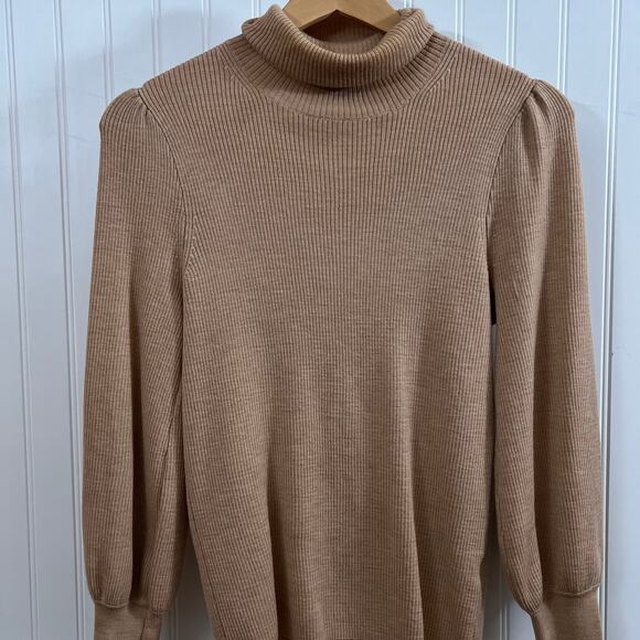 J. Crew 100% Merino Wool Ribbed Mock Neck Sweater Tan Camel Puff Sleeve XS - Picture 1 of 9